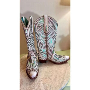 Coral Womens Ivory Pink Sequins Rhinestone Leather Cowgirl Western Boots Size 7M